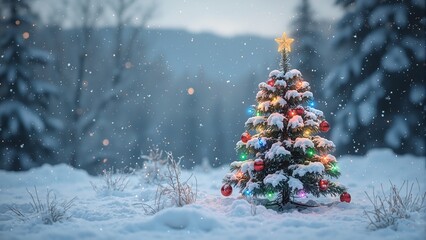 Festive Christmas tree in snowy forest backdrop