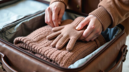 Hands packing a suitcase with cozy sweaters, gloves, and a camera for a winter getaway, stylishly organized in mocha mousse tones, concept of travel marketing and winter holiday promotions