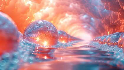 A series of glowing spheres are floating in a river