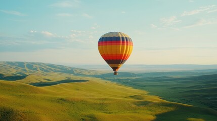 Obraz premium A colorful hot air balloon floats above green hills under a clear blue sky, showcasing a serene landscape and the beauty of flight.
