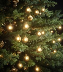 Obraz premium Blurred gold lighting highlights the branches of a lush green Christmas tree, soft focus, winter scenery, christmas tree