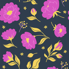 Seamless pattern of delicate hand drawn pink flowers, leaves and branches in doodle style. Background. Trendy vector botanical illustration on dark background