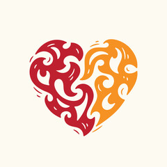 Heart in Fire. Burning Heart Symbol of Love and Passion for Valentine day design. Hand drawn vector illustration.