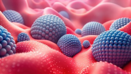 A close up of a red and blue surface with many small spheres