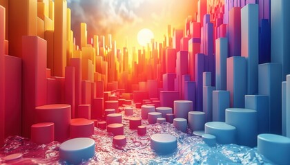 A colorful cityscape with a river running through it