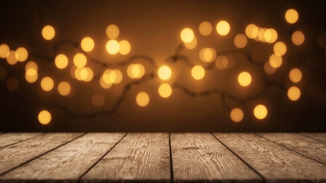 Festive golden Christmas lights on a wooden table perfect for holiday themed content