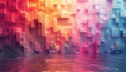 A colorful wall made of blocks with a blue water background