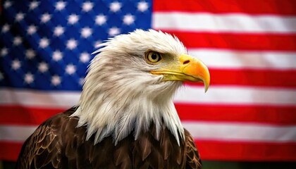 Bald eagle standing against an American Flag background. US Independence Day or July 4th 