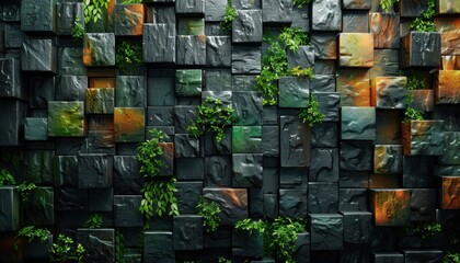 A wall made of stone blocks with green plants growing out of it