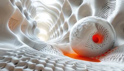 A white and orange sphere is floating in a white tunnel