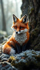 Obraz premium Gentle Fox Sits Amid Mossy Forest with Soft Morning Light