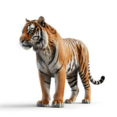 Obraz premium Tiger isolated on a white background, Side view, tiger standing full HD image generated by Ai. full body, realistic, full detail looking at the camera, 