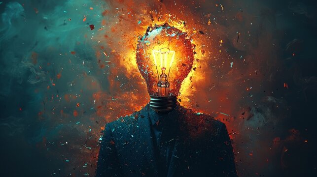 male figure depicted light bulb head made shattered glass and vivid colors representing multifaceted concepts.