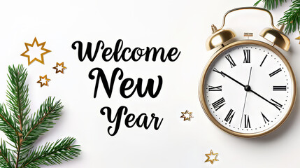 Minimalist New Year Banner with Gold Clock and Pine Branches