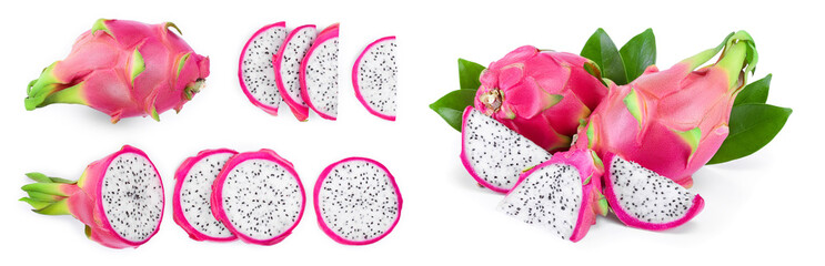 Dragon fruit, Pitaya or Pitahaya isolated on white background. Top view. Flat lay
