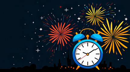 Midnight Celebration with Fireworks and Clock Countdown. New Year's Eve Illustration for Festive Greetings.