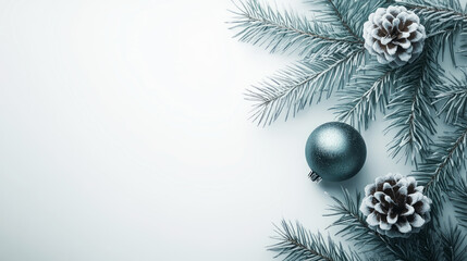 Frosty Elegance, Minimalist Christmas Decor with Pinecones and Baubles. Banner