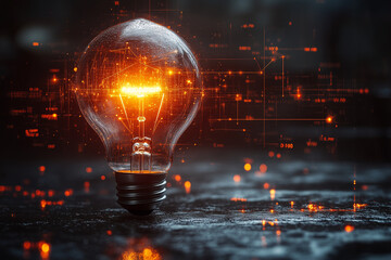 Abstract arrows and lines converging toward a glowing light bulb in a clean design.