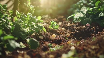 A close-up view of lush green plants growing in rich brown soil, illuminated by warm sunlight, showcasing nature's beauty and the gardening process.