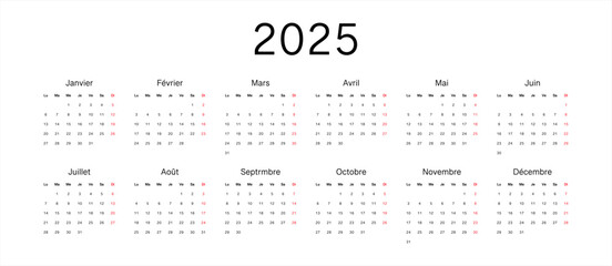 French 2025 calendar. Vector illustration design template start from monday. Full months for wall calendar, vector 10 eps.