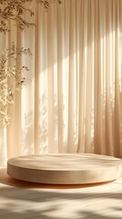 A podium for product presentation, with light wood and beige tones
