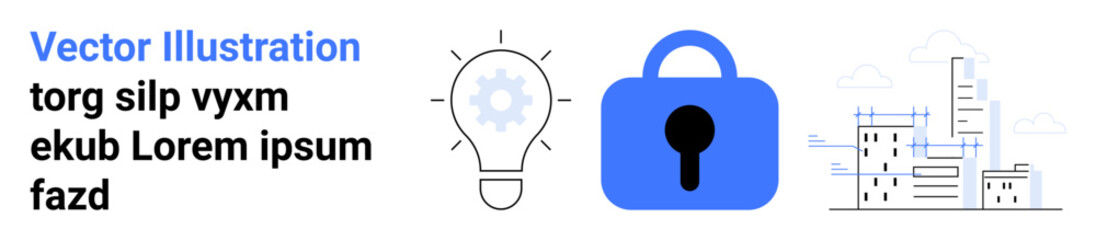 Light bulb symbolizing ideas, padlock representing security, and cityscape infrastructure outline. Ideal for technology, cybersecurity, IT services, innovation, data protection, smart cities
