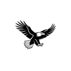Naklejka premium Soaring Bald Eagle: A powerful black and white silhouette of a bald eagle in flight, symbolizing freedom, strength, and determination. 