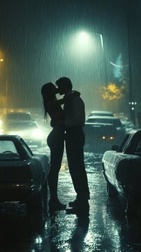 Silhouette of a couple kissing under streetlights in the rain