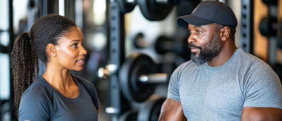 A trainer provides personalized advice to a client in a gym, discussing fitness strategies for achieving weight loss and improving overall health