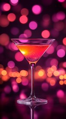 A vibrant cocktail glass filled with a colorful drink shimmers in front of a dark backdrop, illuminated by an array of bright bokeh lights create a lively mood