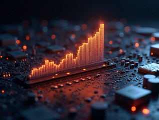 Digital financial chart with an upward trend on a technology and cryptocurrency background.