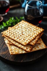 Matzah, a key symbol of Passover, is stacked on a wooden board alongside glasses of red wine, creating a festive atmosphere for the holiday