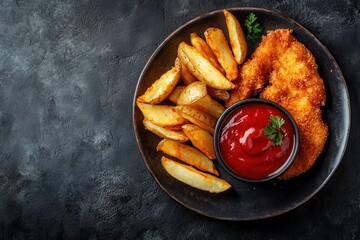 Crispy German schnitzel with potato wedges on a dark backdrop viewed from above