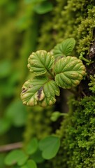 Mossy leaves detailed close-up against an outdoor green backdrop