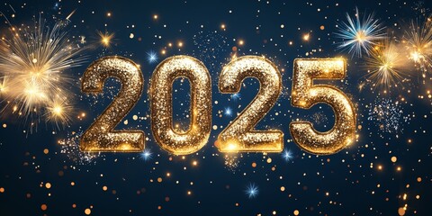 Bright Golden 2025 Numbers with Fireworks Display
