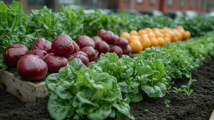 Fresh vegetables arranged in neat rows on a farm