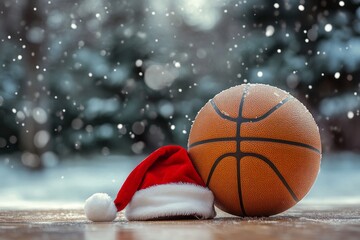 Basketball with Santa Hat on an Outdoor Court.