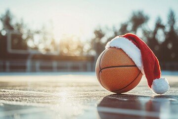 Santa Hat Sits on a Basketball on the Court.