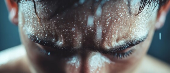 Obraz premium A young man exhibits deep concentration, with rain droplets sliding down his forehead in a quiet, introspective moment inside a dimly lit environment