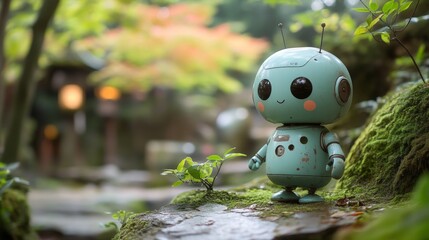 Naklejka premium Cute panda figurine in a serene garden setting