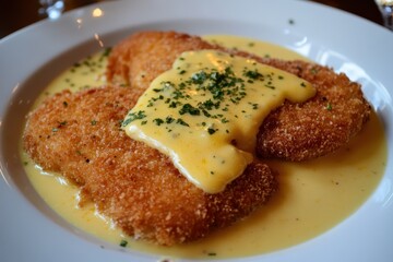 Crispy schnitzel with a rich cheese sauce Juicy breaded cutlet paired with a creamy topping for a luxurious taste