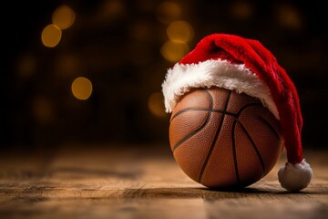 Basketball with Santa Claus cap in basket hal.
