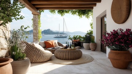 Fototapeta premium Boho terrace with colorful cushions Mediterranean plants and ocean view