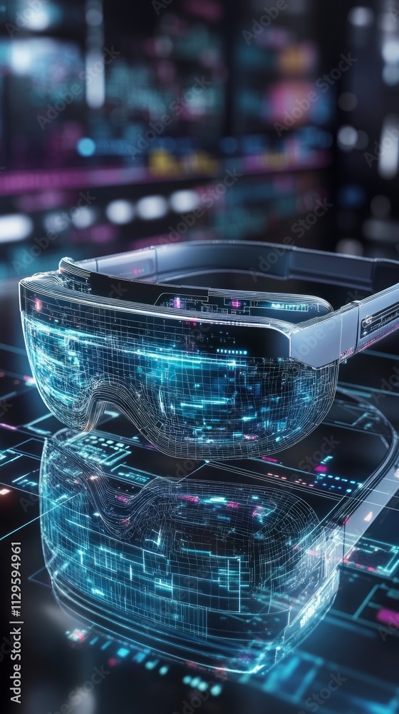Poster advanced augmented reality glasses rest on a glossy surface illuminated by colorful digital data. a 