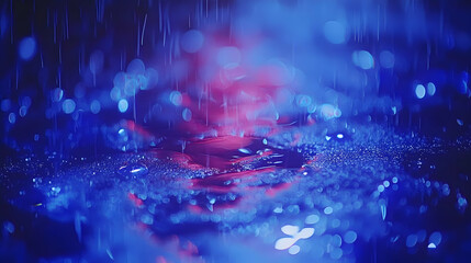 Abstract rain puddle with blue and red light reflections.