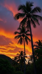 Obraz premium Illustrated scene of a tropical sunset featuring palm trees