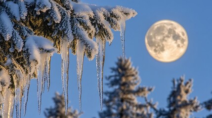 Naklejka premium Frosty winter scene with full moon and icicles hanging from snow-covered pine branches.