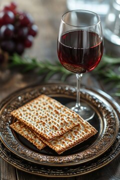 Matzah and a glass of red wine are presented on an ornate plate, surrounded by grapes, highlighting a traditional Passover meal