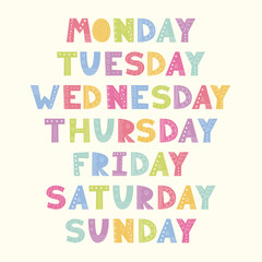 Cute Weekdays Lettering. Cartoon Doodle Days of the Week names in Scandinavian style. Sticker for planner calendar Children education Design
