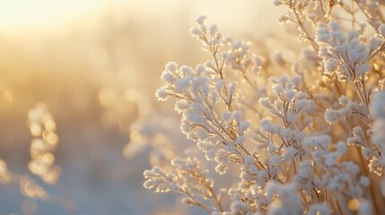 Naklejka premium Frosty winter plants at sunrise.